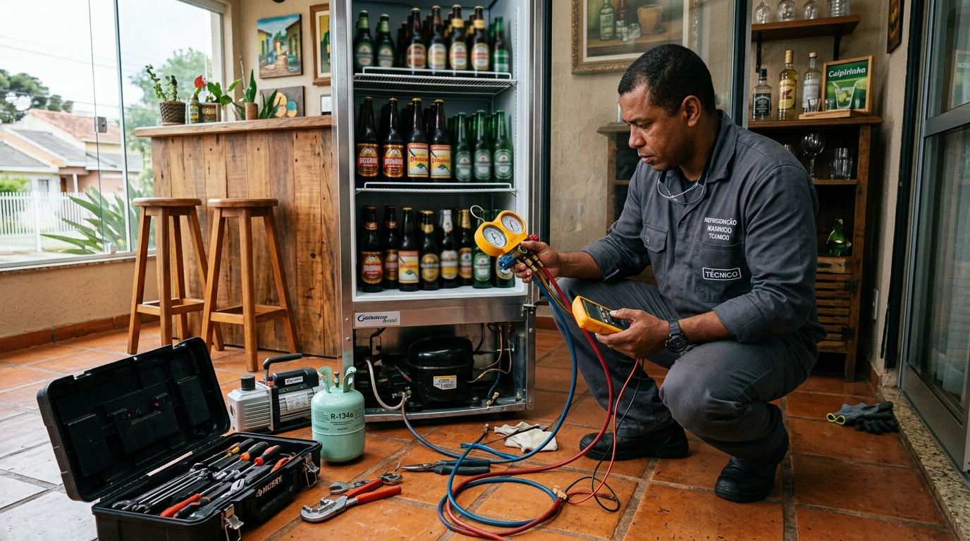 Profissional executando reparo no motor de cervejeira em Vitória da Conquista‑BA