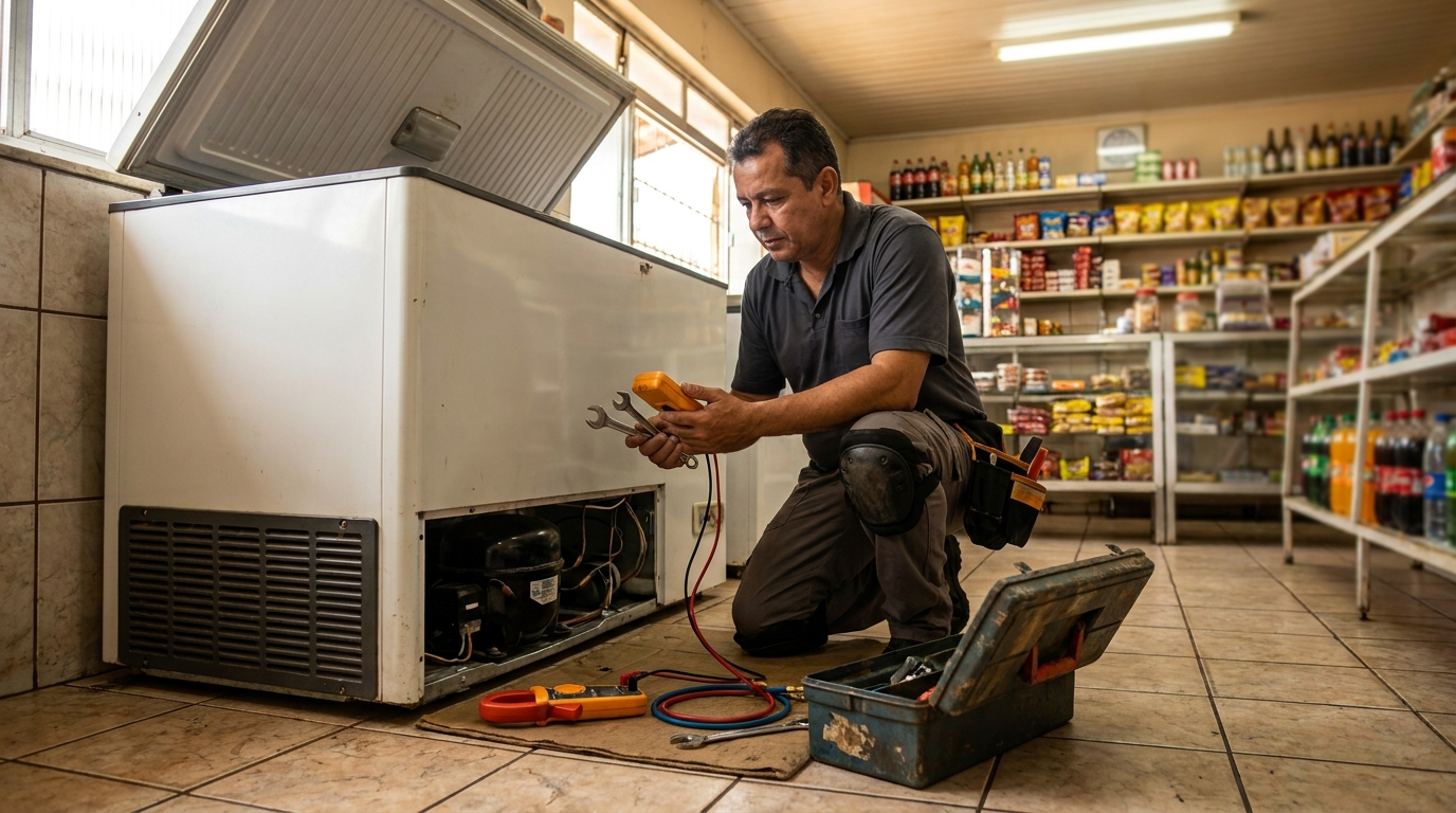 Profissional executando manutenção no motor de freezer em Vitória da Conquista‑BA