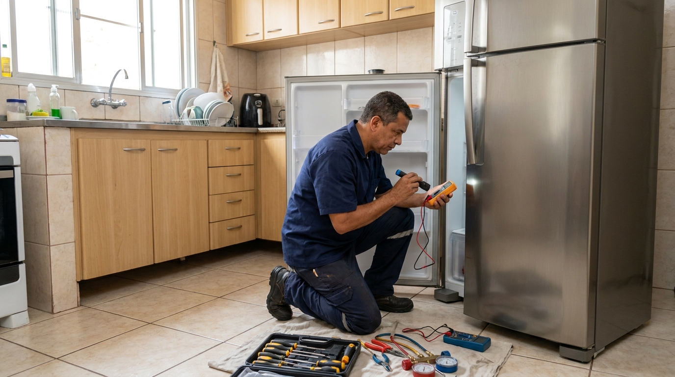 Técnico aplicando recarga de gás refrigerante em geladeira em Vitória da Conquista‑BA